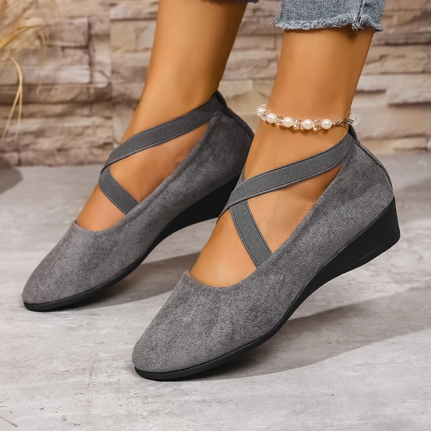 Women's Dress Flats Ballet Low Wedge Round Toe Ankle Strap Criss Cross Office Work Casual Shoes