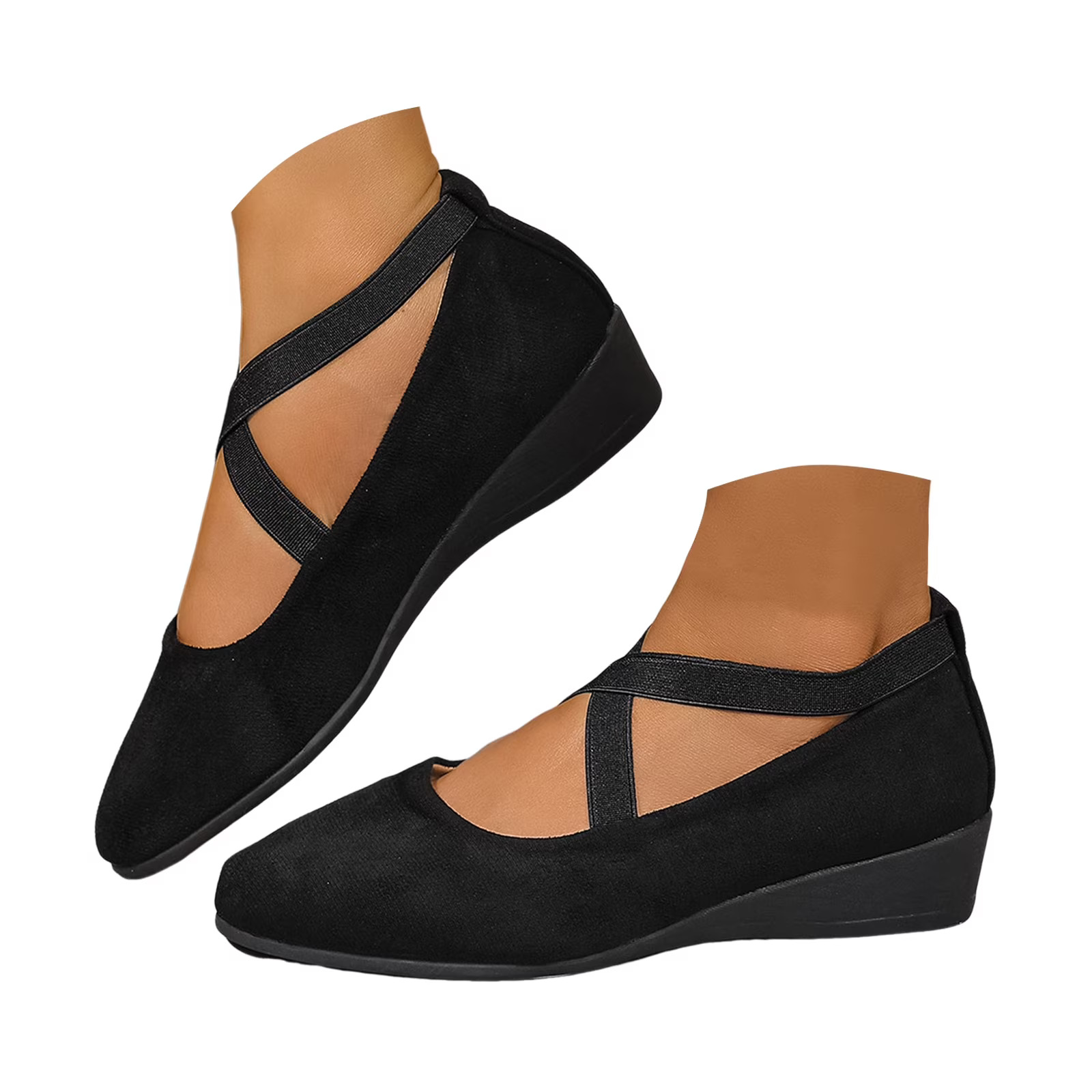 Women's Dress Flats Ballet Low Wedge Round Toe Ankle Strap Criss Cross Office Work Casual Shoes