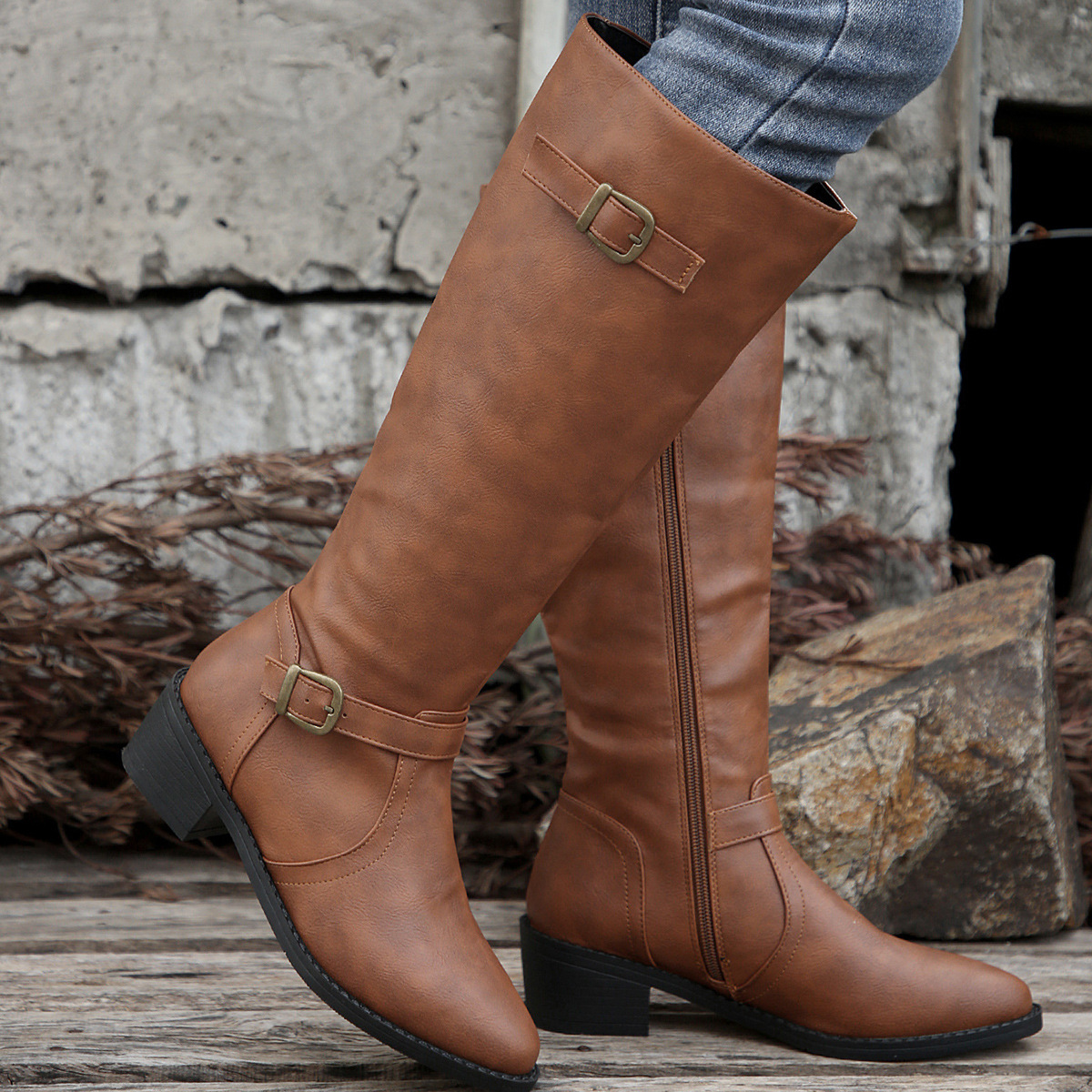 Women's Round Toe Buckle Side Zipper Mid-Calf Boots