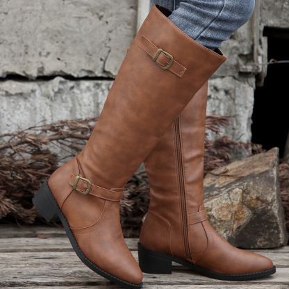 Women's Round Toe Buckle Side Zipper Mid-Calf Boots