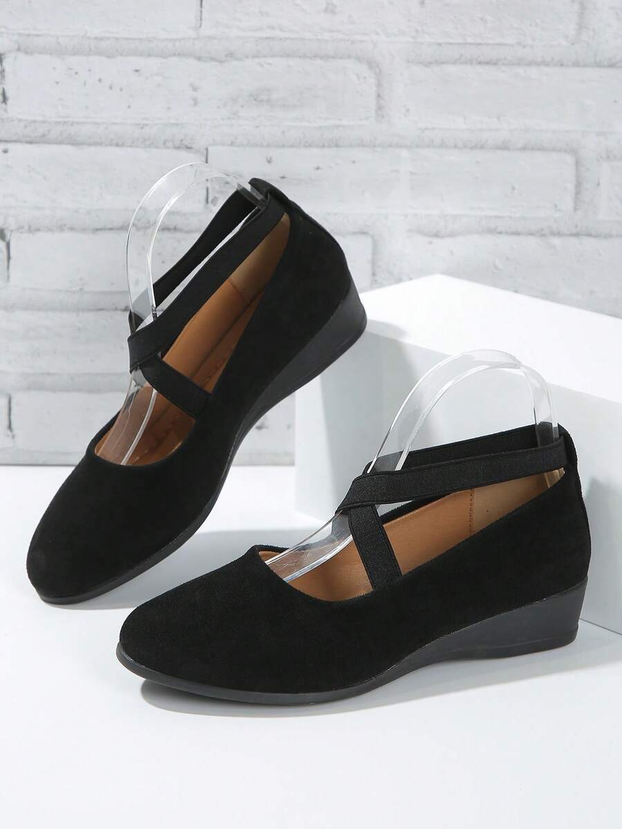 Women's Dress Flats Ballet Low Wedge Round Toe Ankle Strap Criss Cross Office Work Casual Shoes