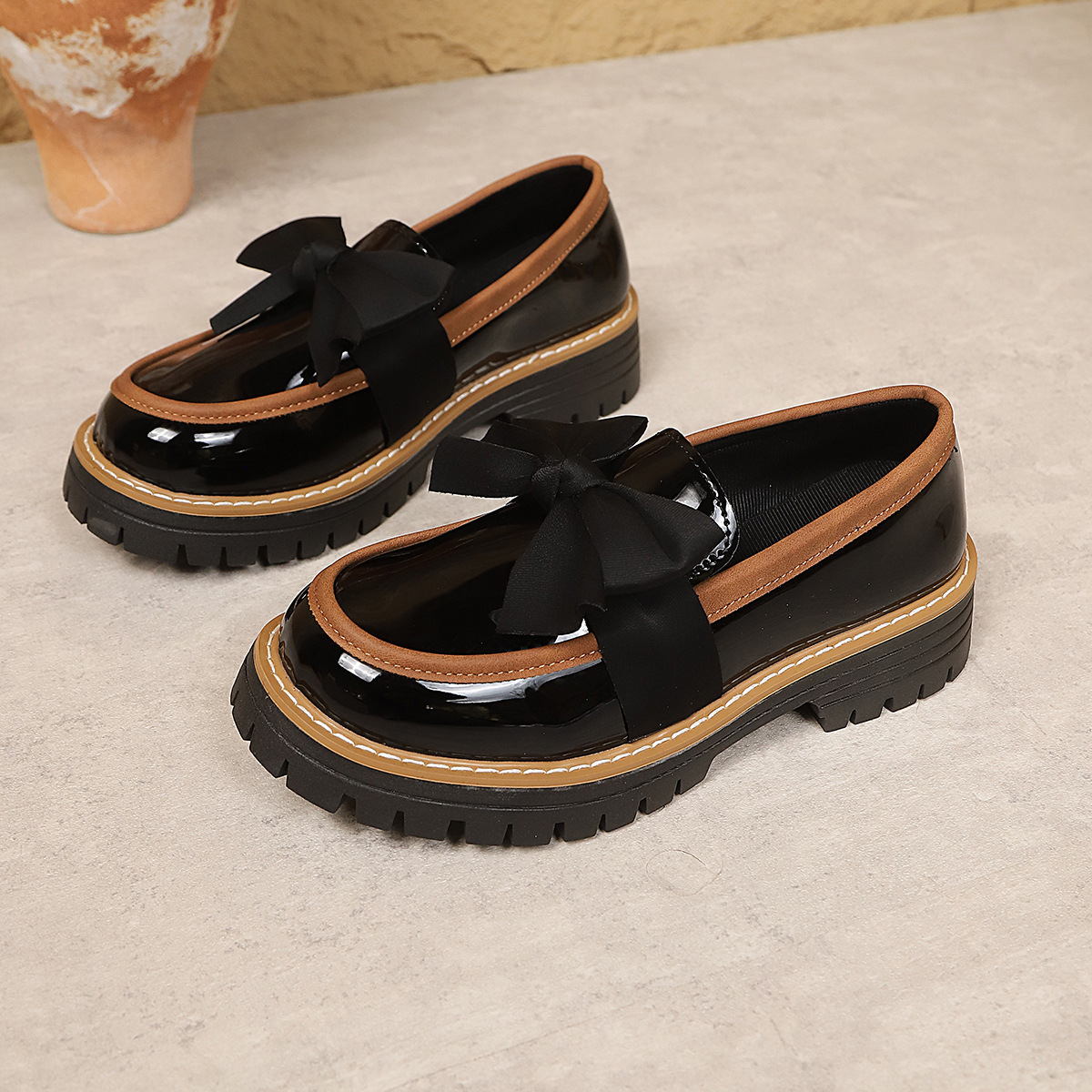 Ribbon Bow Shiny Loafers Thick Platform Slip On Casual Preppy School Shoes for Women