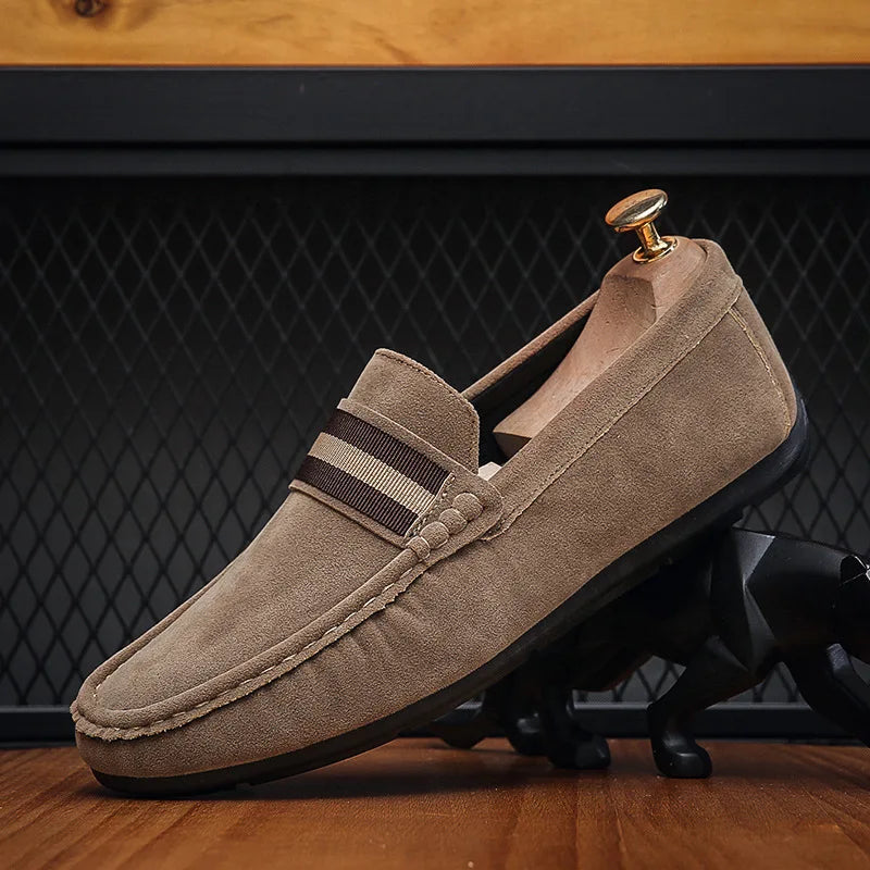Men Striped Band Suede Loafers Lightweight Slip-On Driving Moccasins Casual Daily Walking Dress Shoes