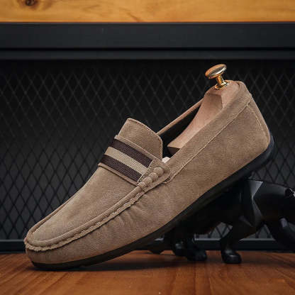 Men Striped Band Suede Loafers Lightweight Slip-On Driving Moccasins Casual Daily Walking Dress Shoes