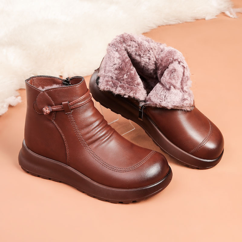 Luxe Fleece‑Lined Leather Ankle Boots, Comfort Platform Winter Booties for Women, Side Zip Warm Snow Ankle Boots