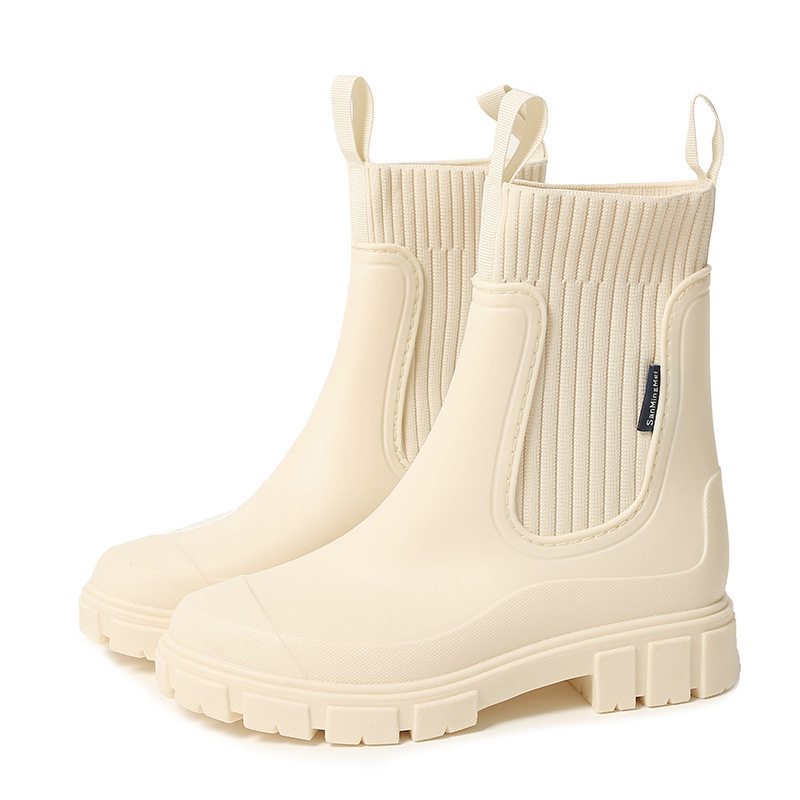 Stylish Waterproof Chelsea Ankle Boots for Women, Knit Stretch Panel & Rugged Block Sole