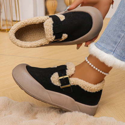 Women’s Fleece Lined Platform Loafers, Buckle Decor Warm Winter Slip On Shoes