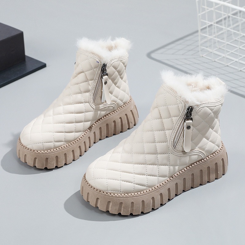 Women’s Quilted Platform Snow Boots, Side Zipper Faux Fur Lined Warm Winter Ankle Boots