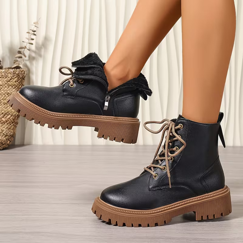 Women's Fleece Lined Platform Ankle Boots, Warm Lace-Up Winter Martin Boots with Side Zipper