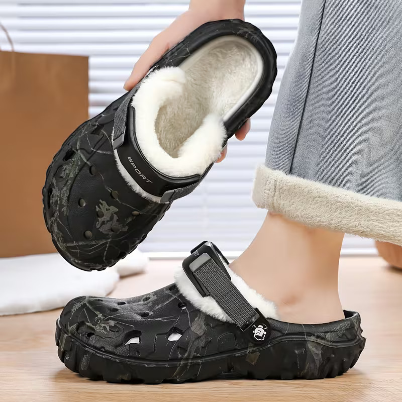Warm Fleece Lined Camo Clogs, Men’s Rugged Thick Sole Winter Slip-On Shoes with Heel Strap