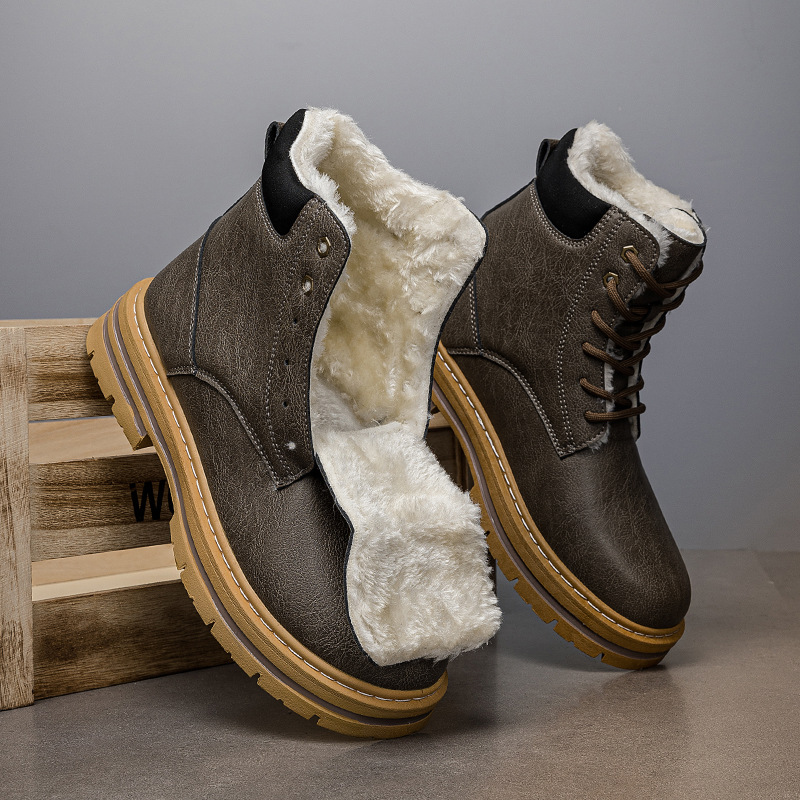 Premium Vintage Leather Men’s Winter Boots, Plush Fleece Inside Lace-up Combat Boots