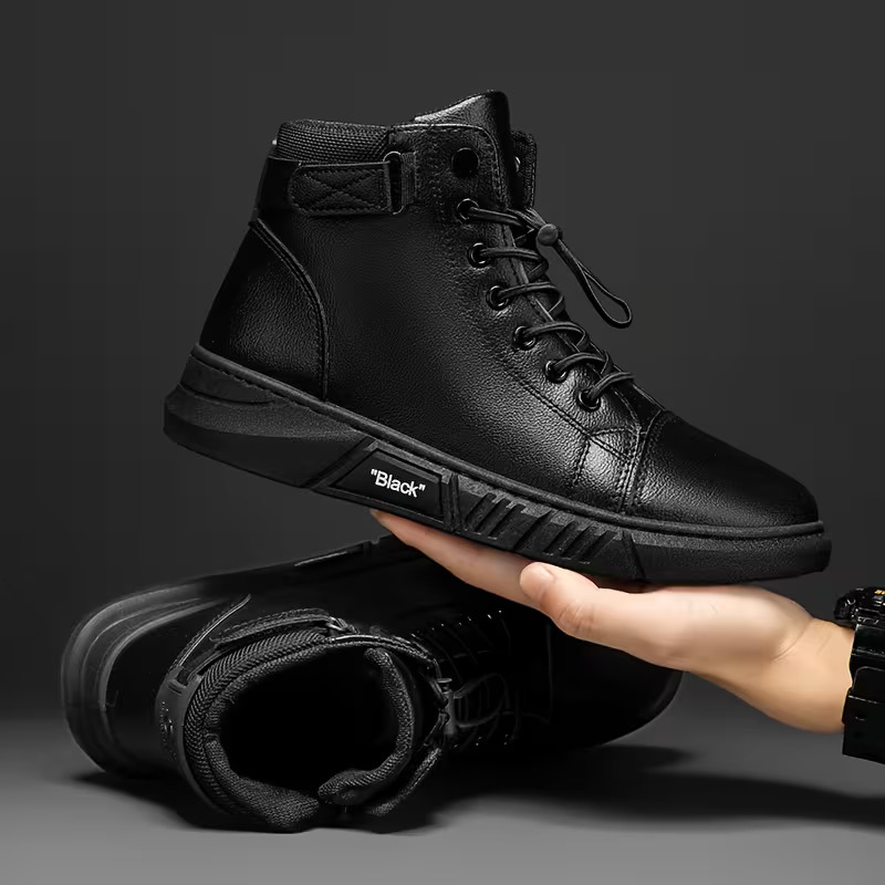 Men All Black Leather High Top Sneakers Adjustable Buckle Lace Up Ankle Boots Non Slip Thick Sole Streetwear Casual Shoes