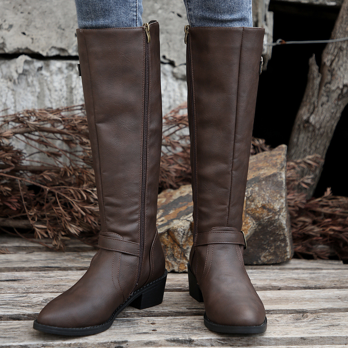 Women's Round Toe Buckle Side Zipper Mid-Calf Boots