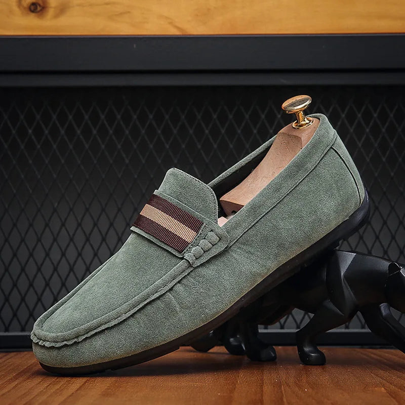 Men Striped Band Suede Loafers Lightweight Slip-On Driving Moccasins Casual Daily Walking Dress Shoes