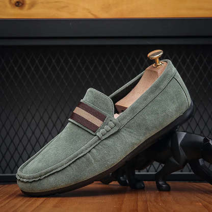 Men Striped Band Suede Loafers Lightweight Slip-On Driving Moccasins Casual Daily Walking Dress Shoes