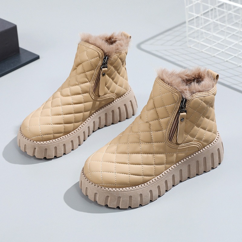 Women’s Quilted Platform Snow Boots, Side Zipper Faux Fur Lined Warm Winter Ankle Boots