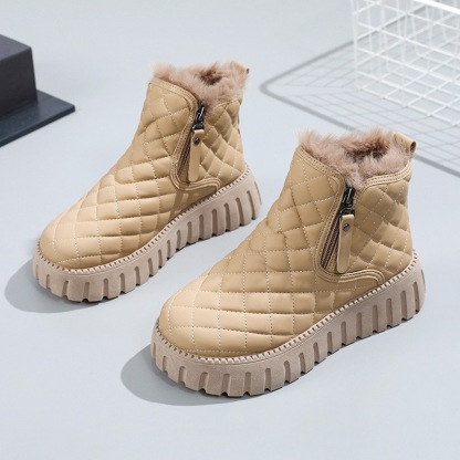 Women’s Quilted Platform Snow Boots, Side Zipper Faux Fur Lined Warm Winter Ankle Boots