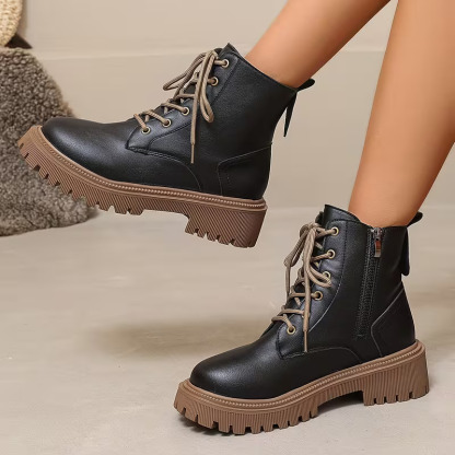 Women's Fleece Lined Platform Ankle Boots, Warm Lace-Up Winter Martin Boots with Side Zipper