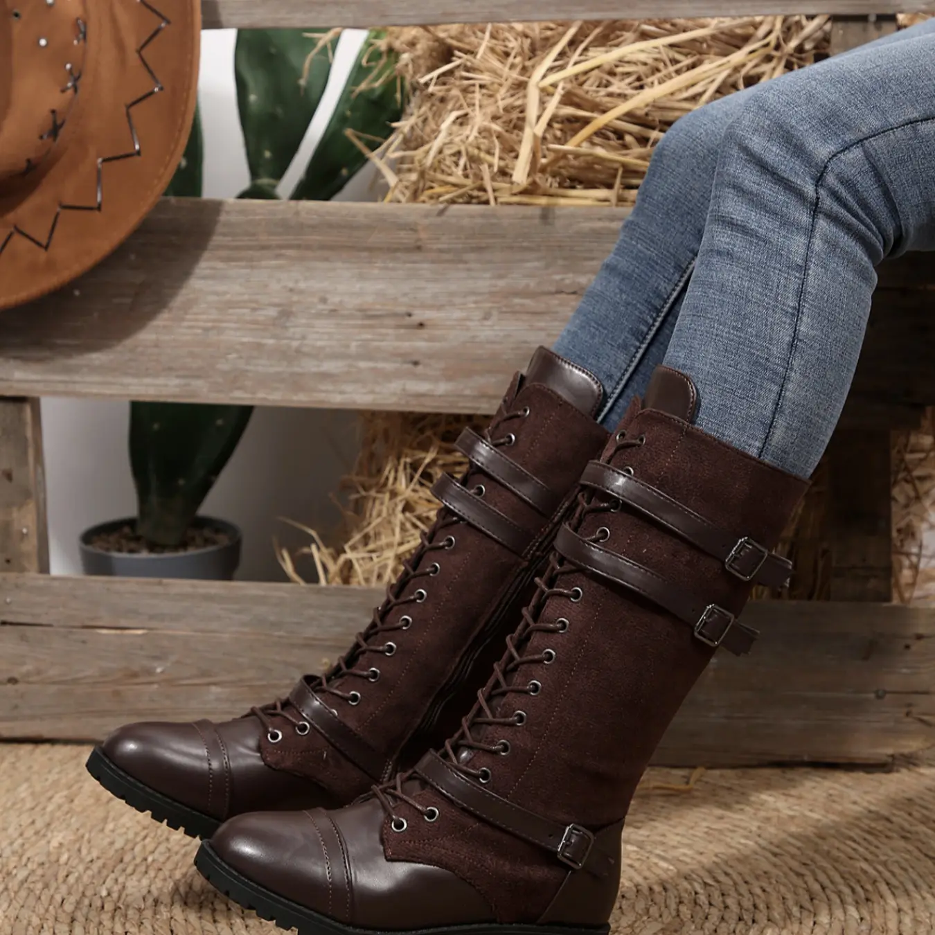 Vintage Western Knee High Boots for Women, Patchwork Lace-up Riding Boots with Adjustable Buckles