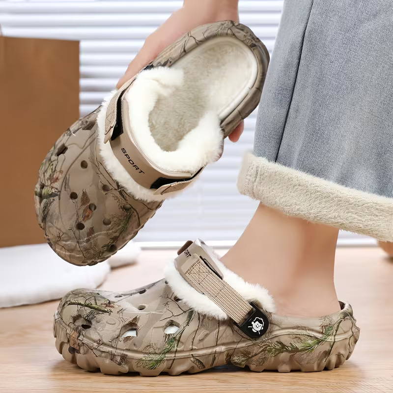 Warm Fleece Lined Camo Clogs, Men’s Rugged Thick Sole Winter Slip-On Shoes with Heel Strap
