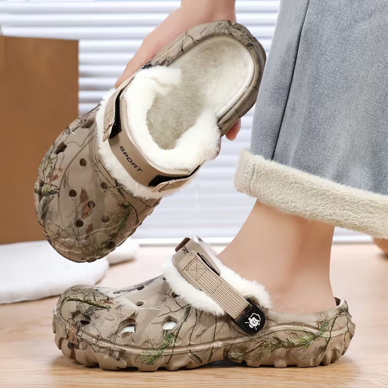 Warm Fleece Lined Camo Clogs, Men’s Rugged Thick Sole Winter Slip-On Shoes with Heel Strap