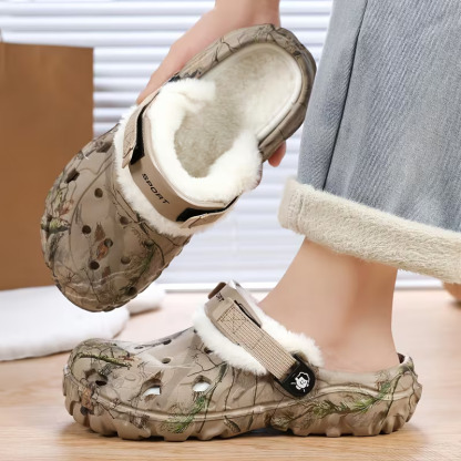 Warm Fleece Lined Camo Clogs, Men’s Rugged Thick Sole Winter Slip-On Shoes with Heel Strap