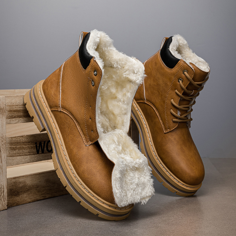 Premium Vintage Leather Men’s Winter Boots, Plush Fleece Inside Lace-up Combat Boots