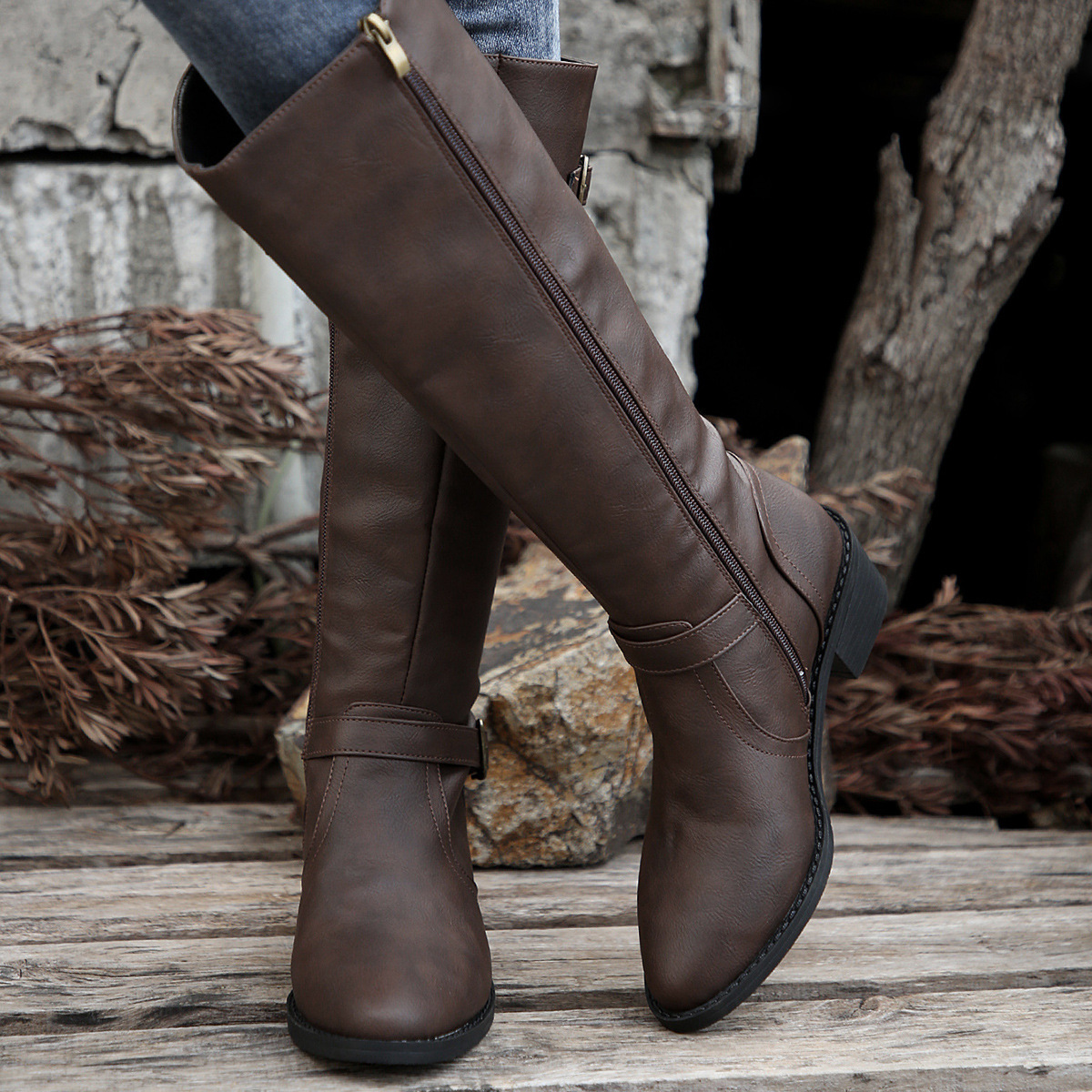 Women's Round Toe Buckle Side Zipper Mid-Calf Boots