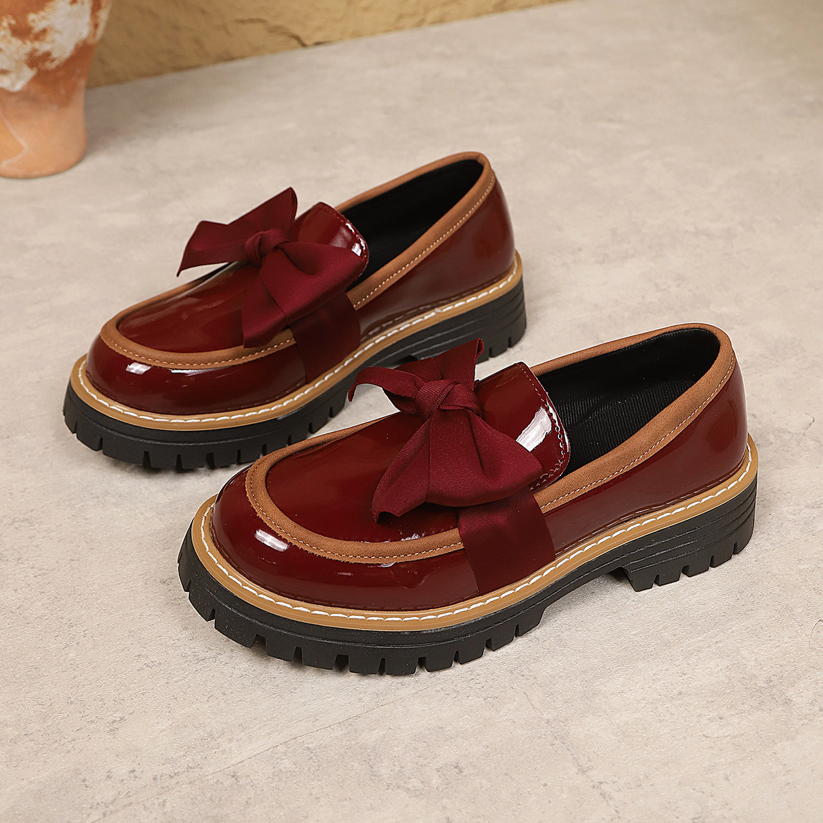 Ribbon Bow Shiny Loafers Thick Platform Slip On Casual Preppy School Shoes for Women