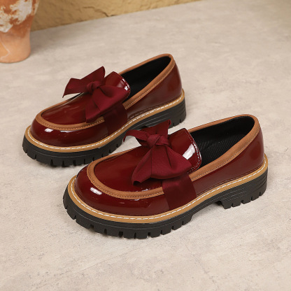 Ribbon Bow Shiny Loafers Thick Platform Slip On Casual Preppy School Shoes for Women