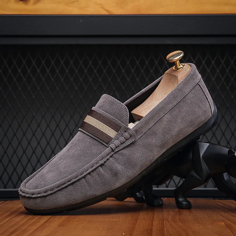 Men Striped Band Suede Loafers Lightweight Slip-On Driving Moccasins Casual Daily Walking Dress Shoes