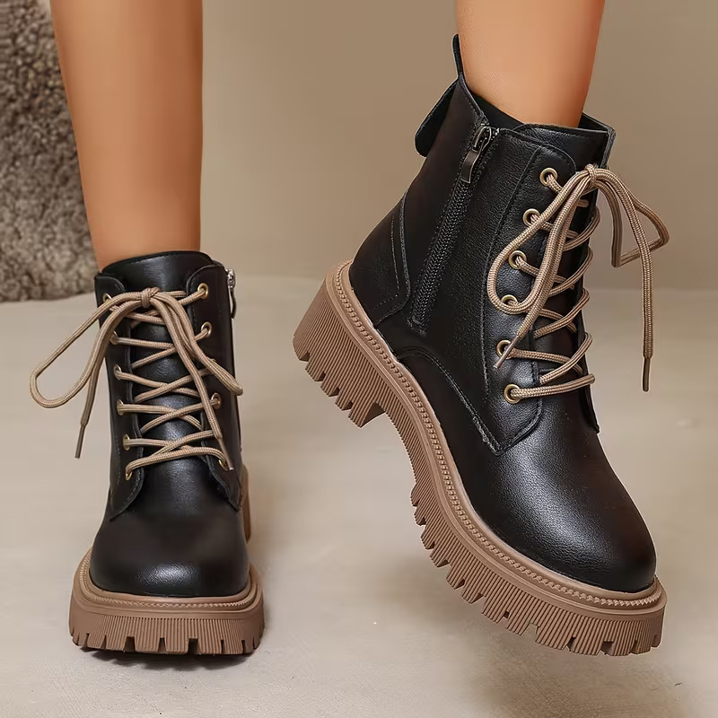 Women's Fleece Lined Platform Ankle Boots, Warm Lace-Up Winter Martin Boots with Side Zipper