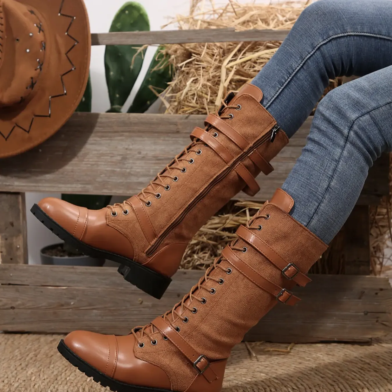 Vintage Western Knee High Boots for Women, Patchwork Lace-up Riding Boots with Adjustable Buckles
