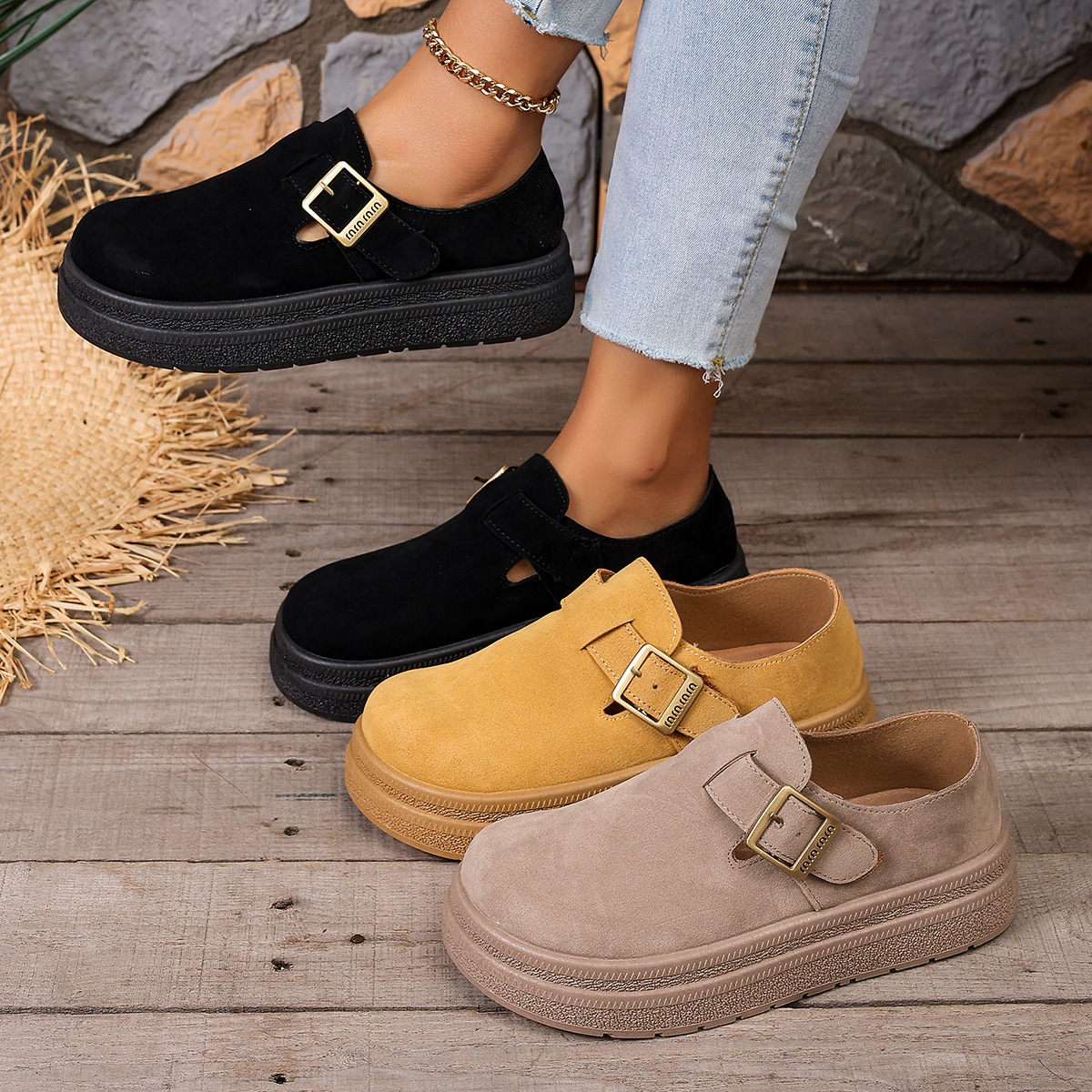 Women’s Thick Sole Suede Clogs, Vintage Adjustable Buckle Casual Daily Shoes