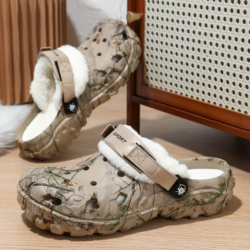 Warm Fleece Lined Camo Clogs, Men’s Rugged Thick Sole Winter Slip-On Shoes with Heel Strap