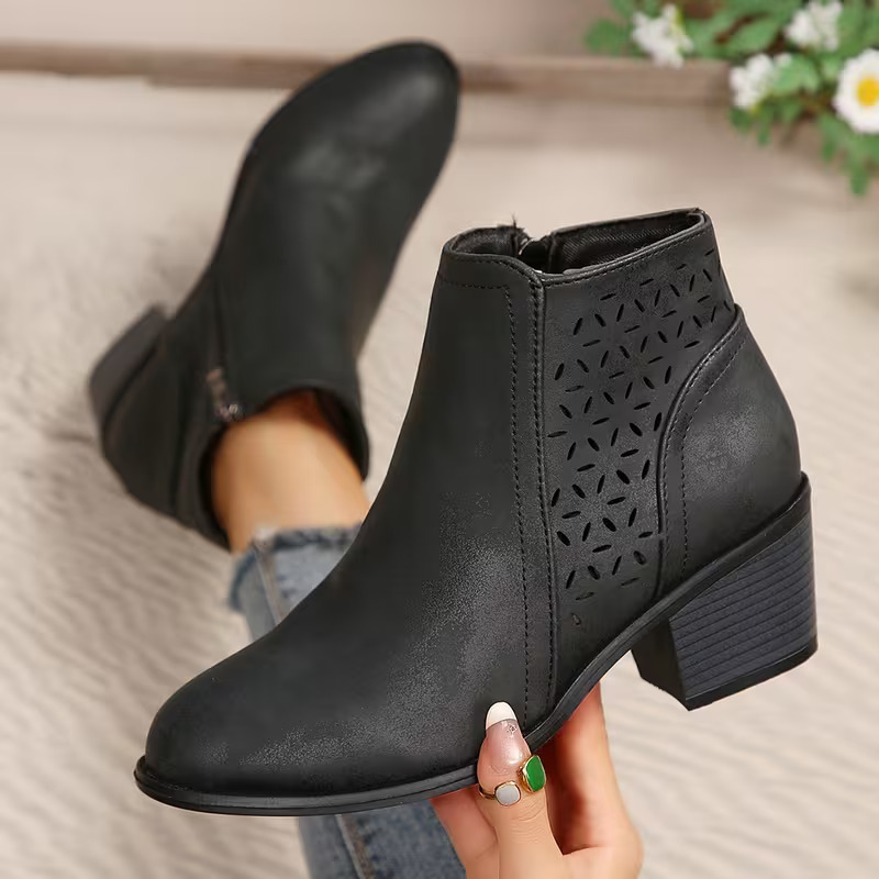 Vintage Distressed Women Ankle Boots, Hollow Cutout Design Chunky Heel Booties