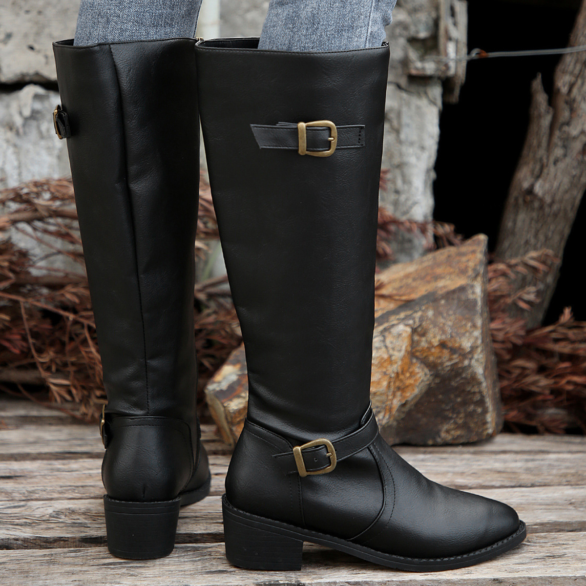 Women's Round Toe Buckle Side Zipper Mid-Calf Boots