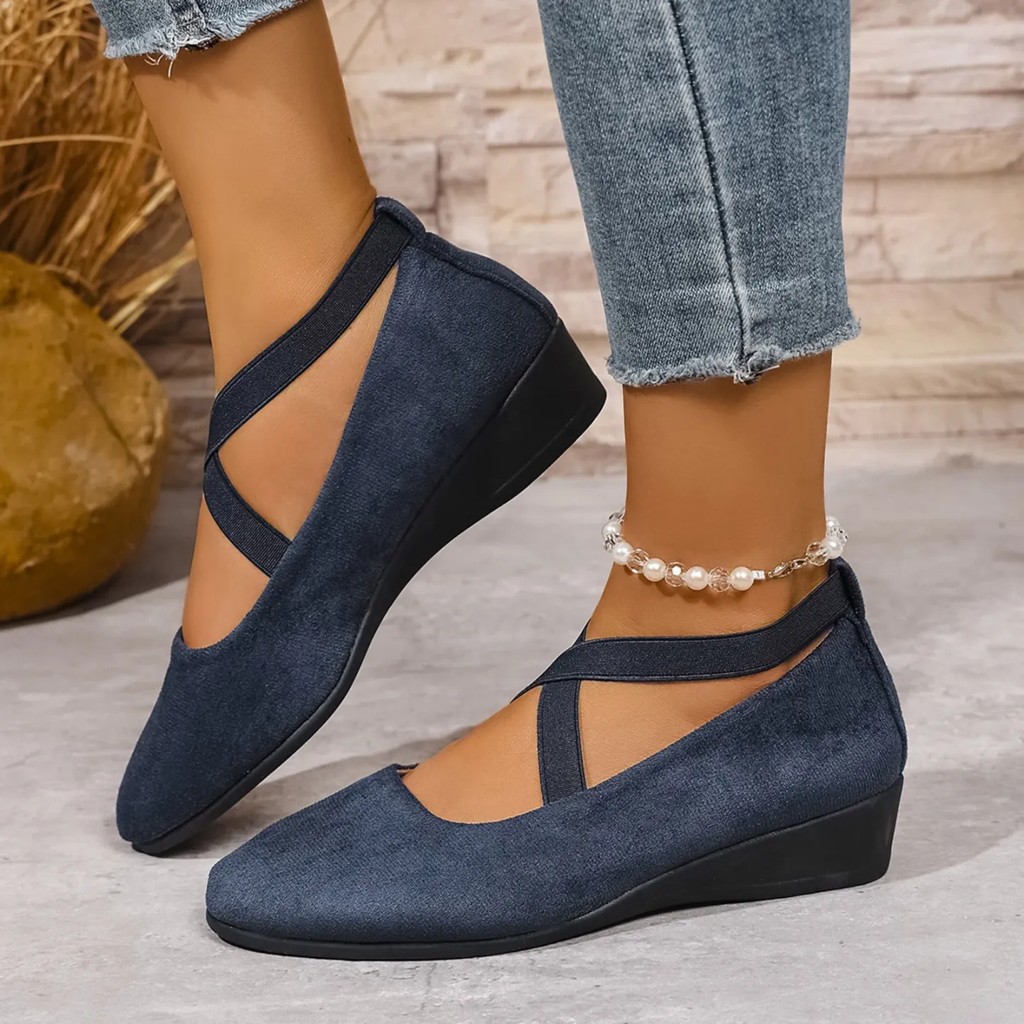 Women's Dress Flats Ballet Low Wedge Round Toe Ankle Strap Criss Cross Office Work Casual Shoes