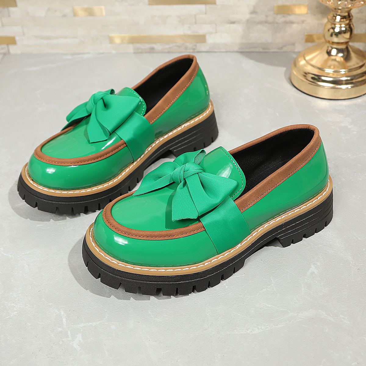 Ribbon Bow Shiny Loafers Thick Platform Slip On Casual Preppy School Shoes for Women