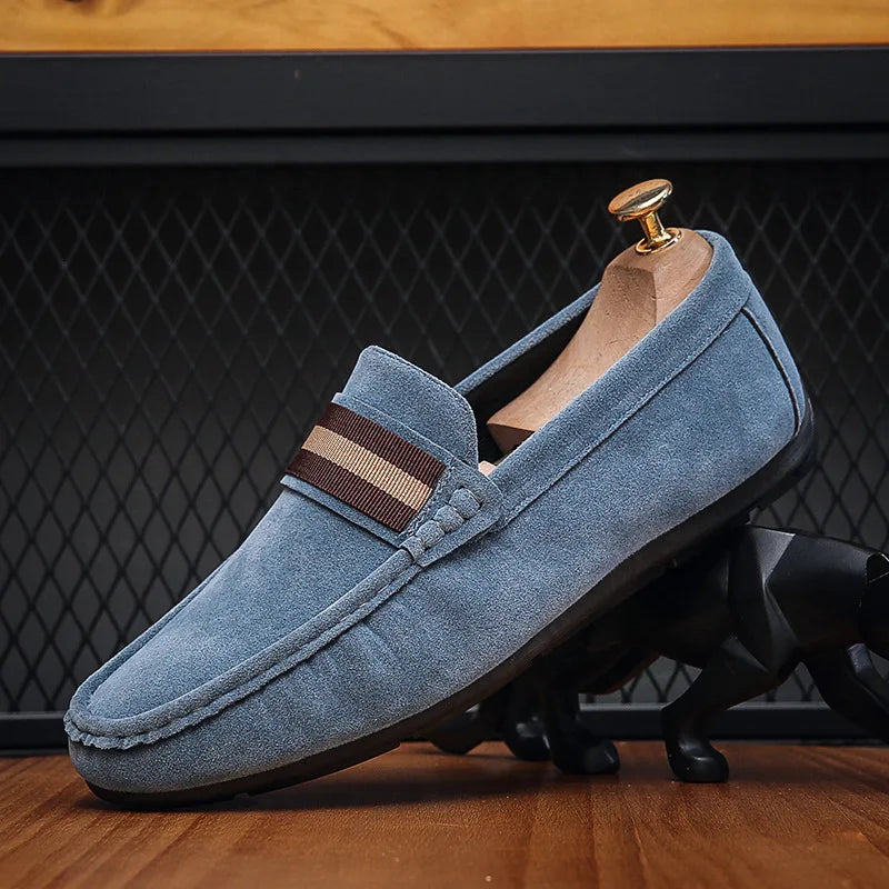 Men Striped Band Suede Loafers Lightweight Slip-On Driving Moccasins Casual Daily Walking Dress Shoes