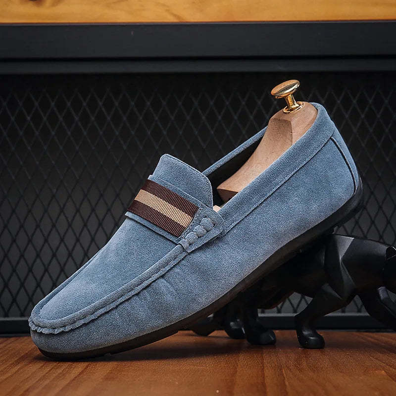 Men Striped Band Suede Loafers Lightweight Slip-On Driving Moccasins Casual Daily Walking Dress Shoes