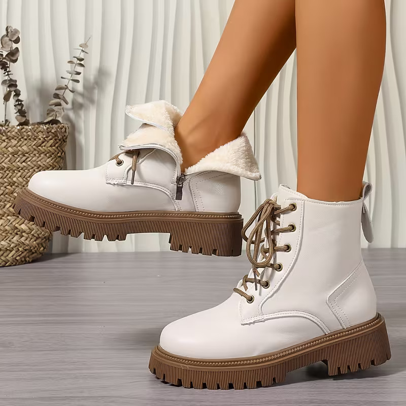 Women's Fleece Lined Platform Ankle Boots, Warm Lace-Up Winter Martin Boots with Side Zipper