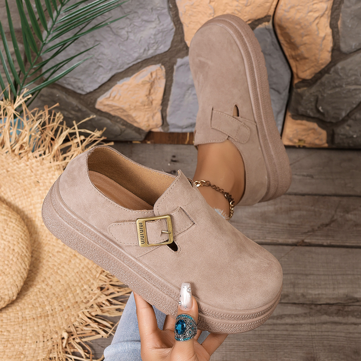 Women’s Thick Sole Suede Clogs, Vintage Adjustable Buckle Casual Daily Shoes