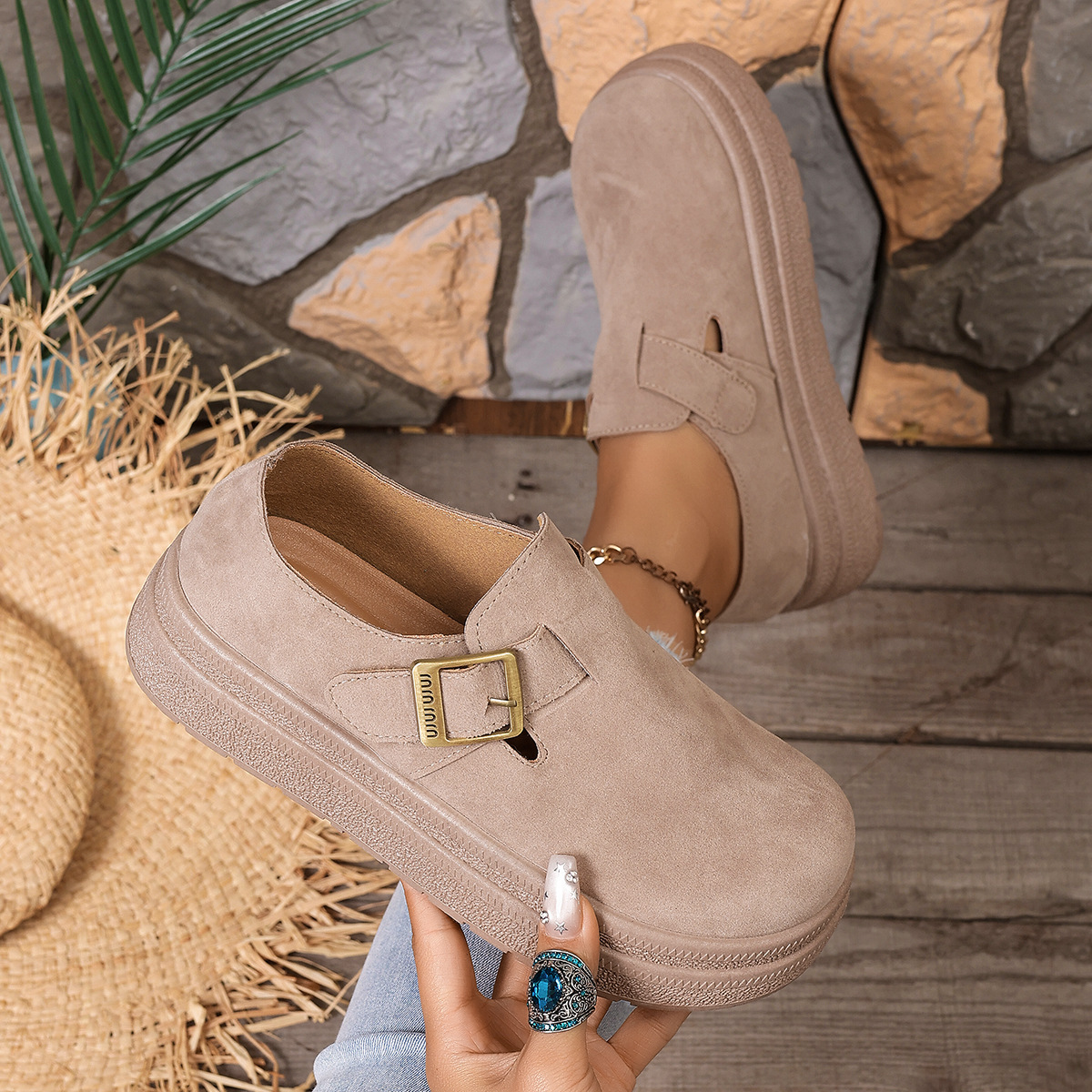 Women’s Thick Sole Suede Clogs, Vintage Adjustable Buckle Casual Daily Shoes