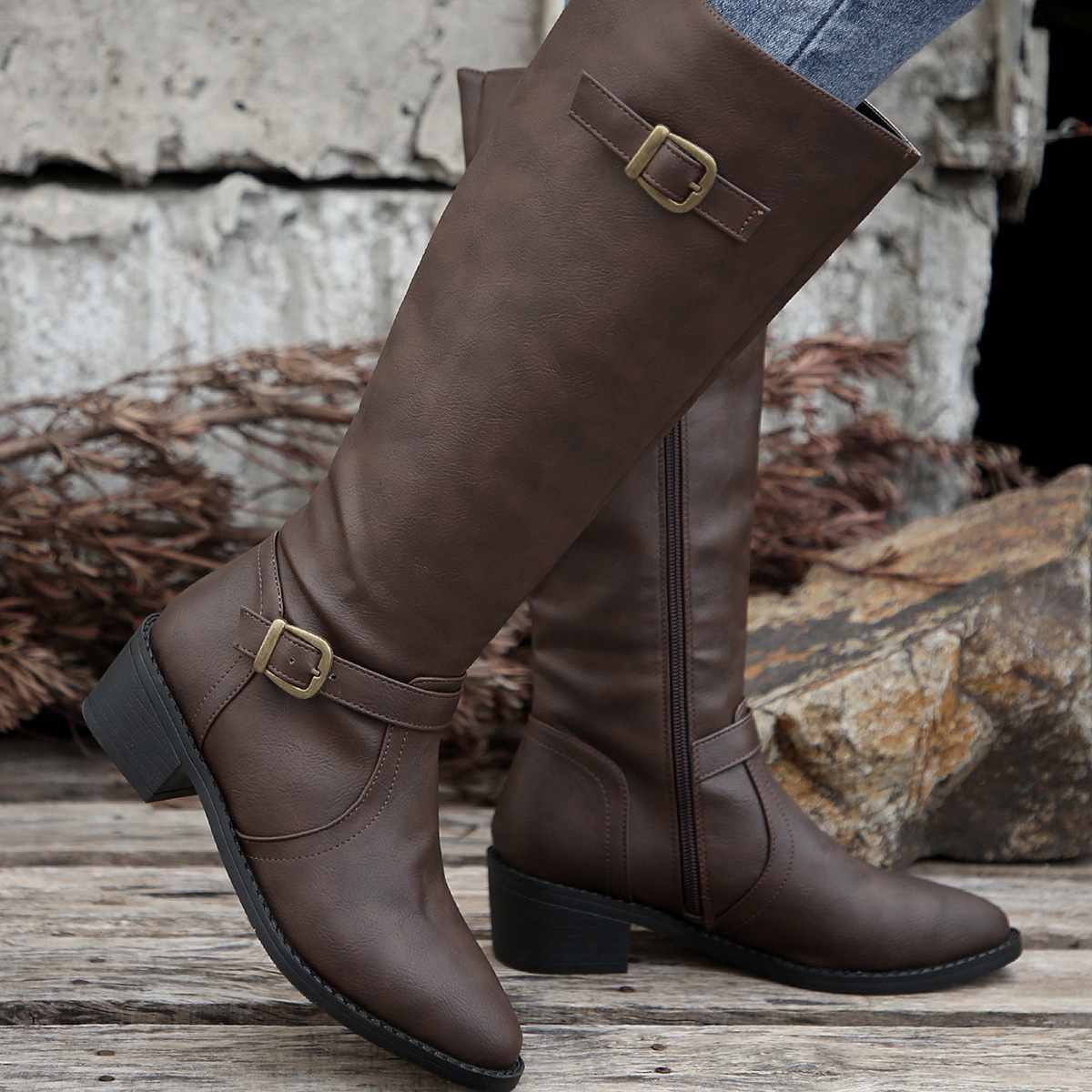 Women's Round Toe Buckle Side Zipper Mid-Calf Boots