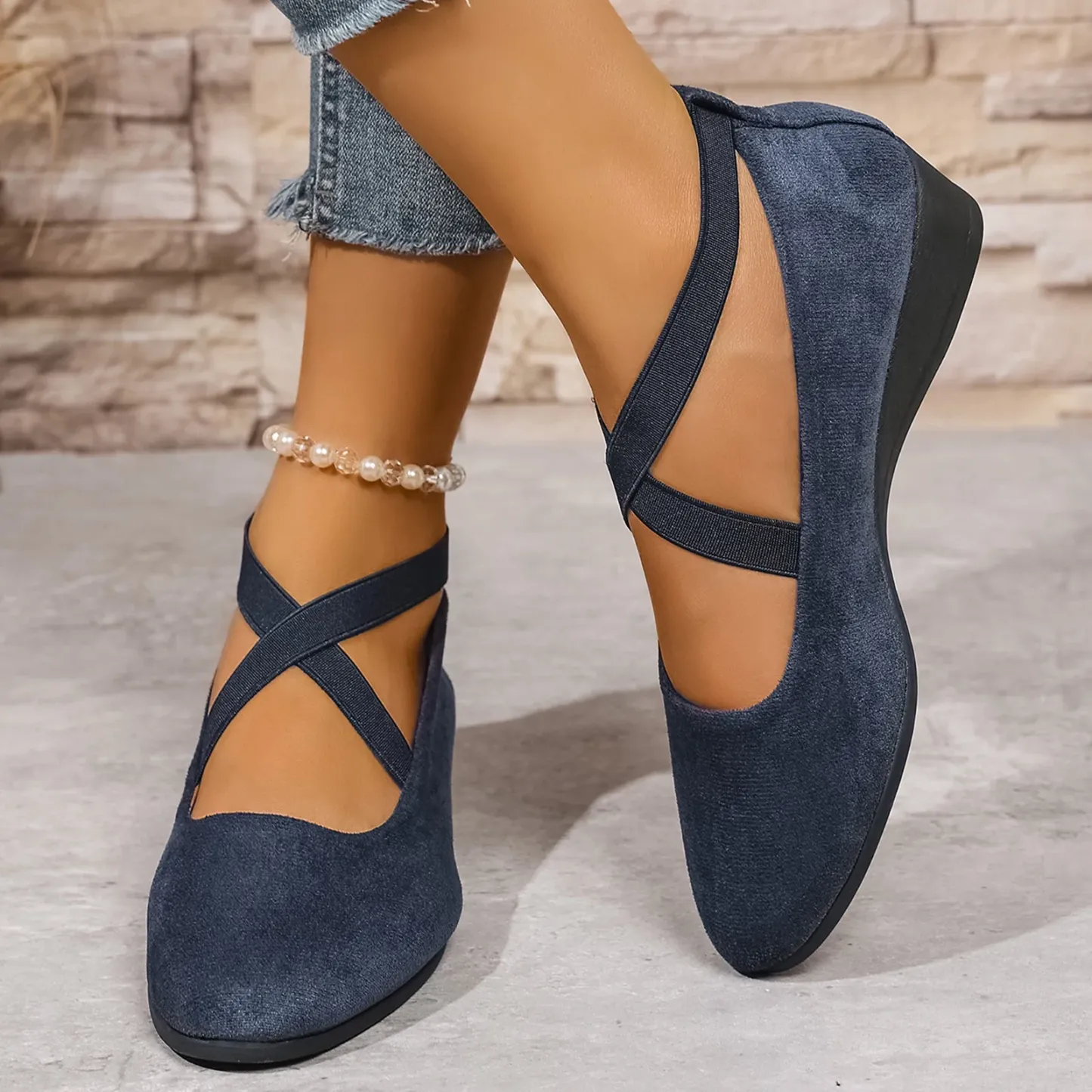 Women's Dress Flats Ballet Low Wedge Round Toe Ankle Strap Criss Cross Office Work Casual Shoes