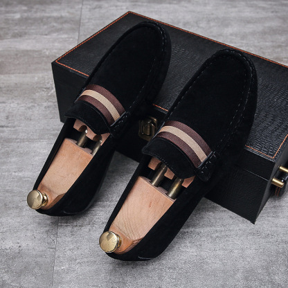 Men Striped Band Suede Loafers Lightweight Slip-On Driving Moccasins Casual Daily Walking Dress Shoes