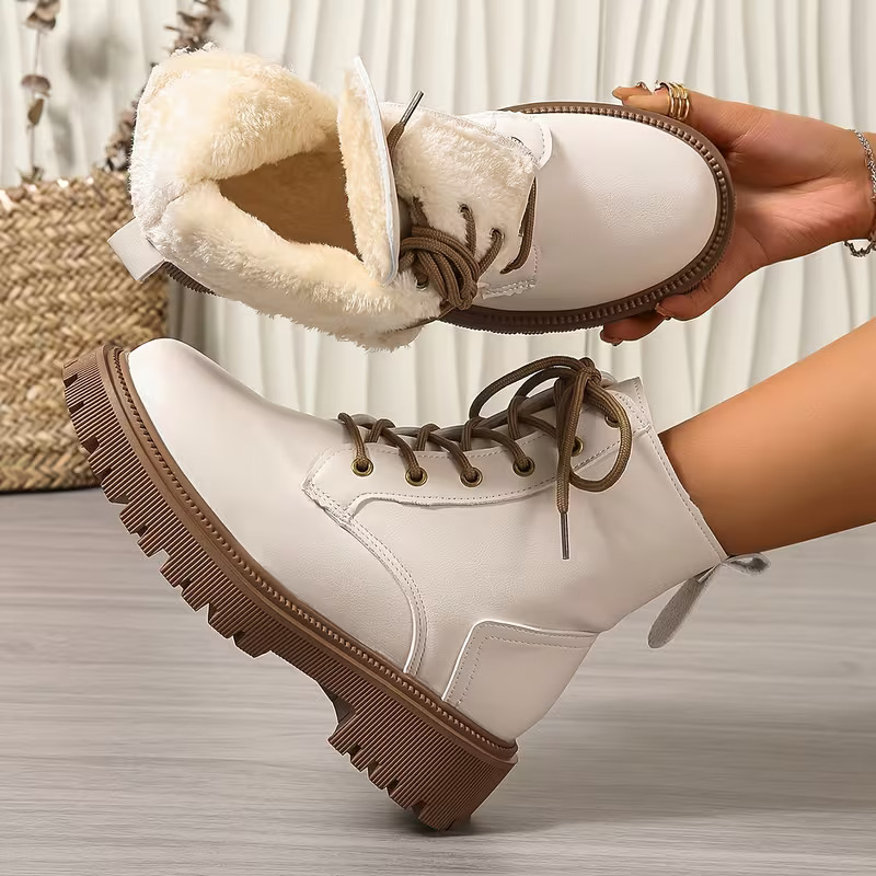 Women's Fleece Lined Platform Ankle Boots, Warm Lace-Up Winter Martin Boots with Side Zipper