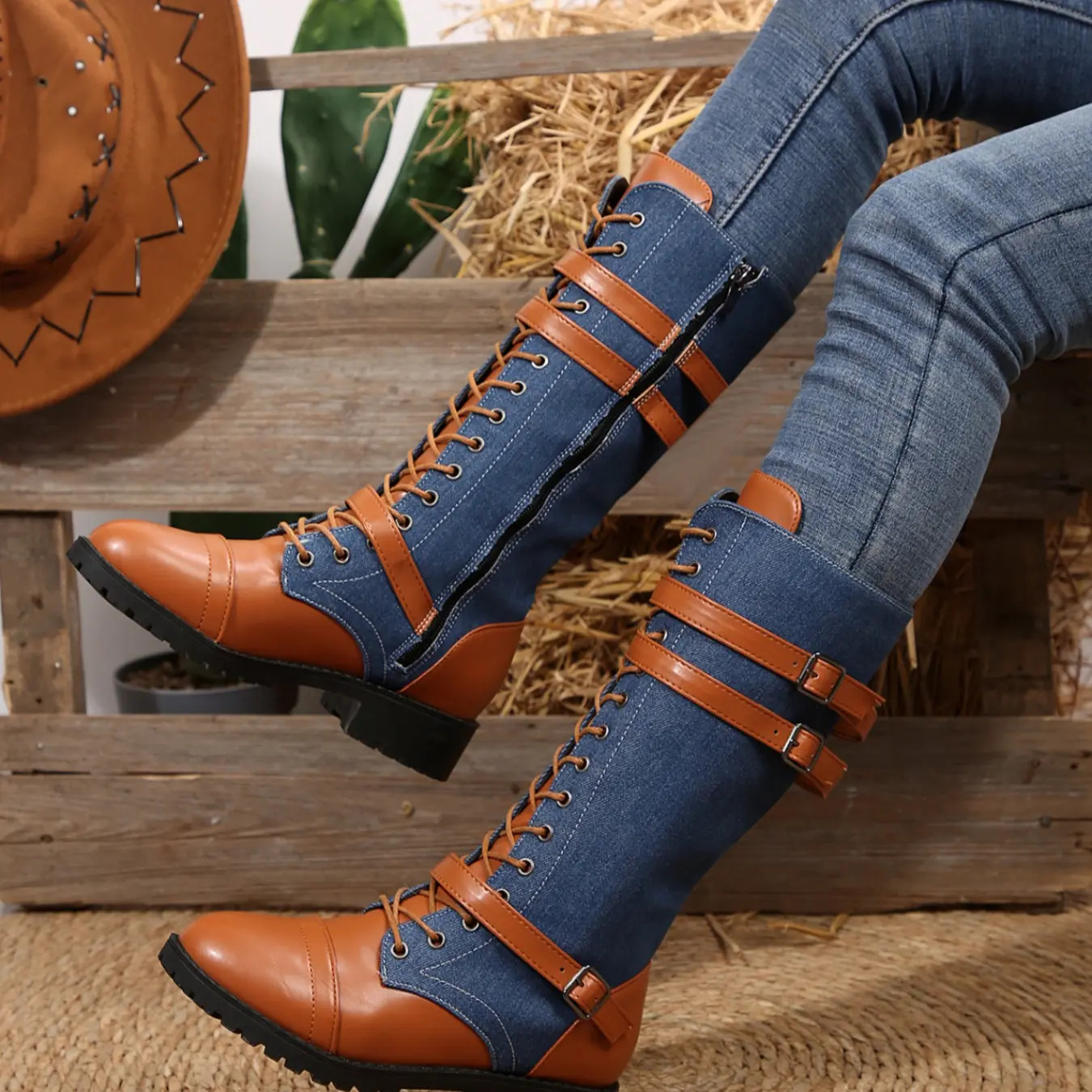Vintage Western Knee High Boots for Women, Patchwork Lace-up Riding Boots with Adjustable Buckles