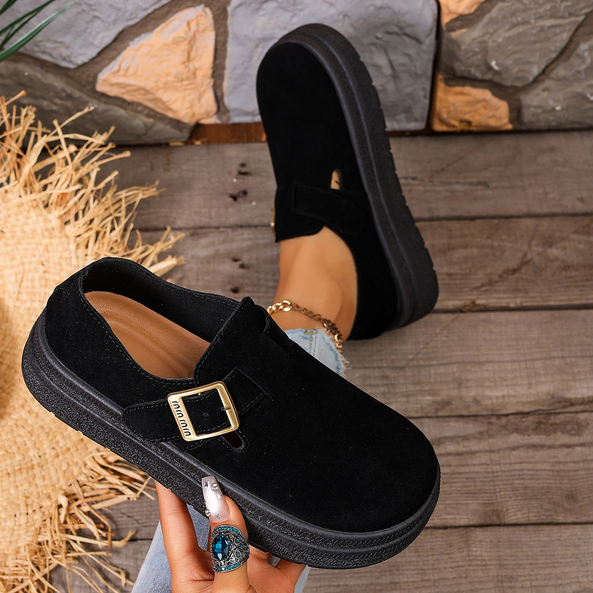 Women’s Thick Sole Suede Clogs, Vintage Adjustable Buckle Casual Daily Shoes